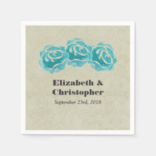 Serviettes Jetables 3 Roses Turquoises d'aquarelle sur Tan Mariage dam