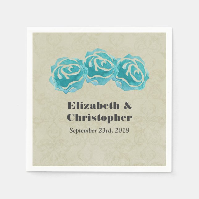 Serviettes Jetables 3 Roses Turquoises d'aquarelle sur Tan Mariage dam (Devant)
