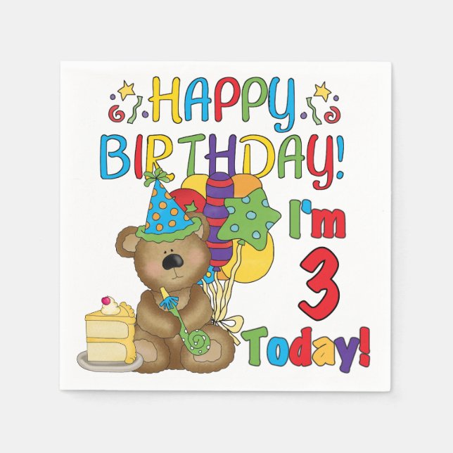 Serviettes Jetables 3e anniversaire Teddy Bear Anniversaire Papier (Devant)