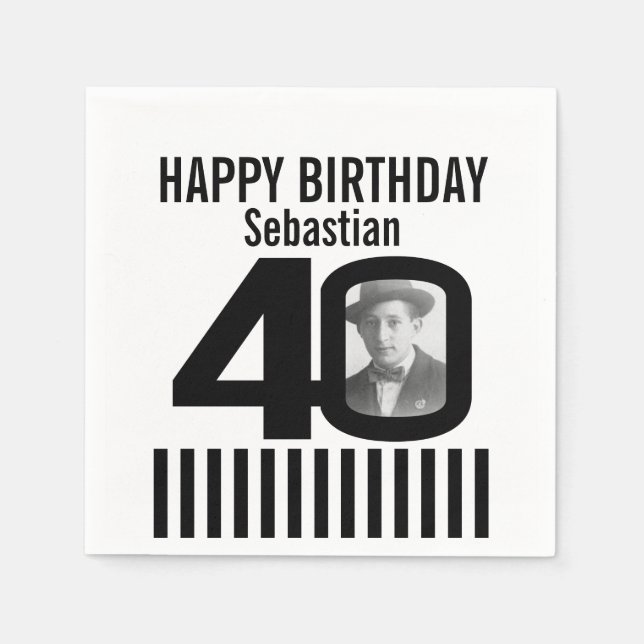 Serviettes Jetables 40e anniversaire photo noir rayures photo serviett (Devant)