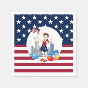 Serviettes Jetables 4 juillet Fille anniversaire avec drapeau américai
