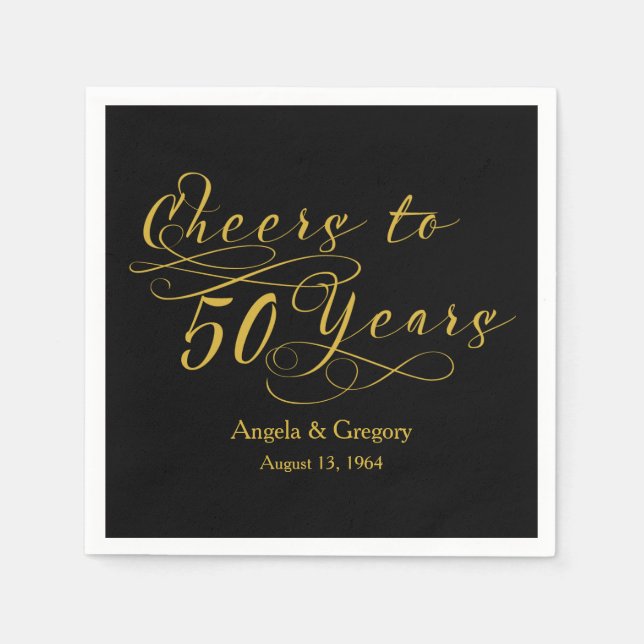 Serviettes Jetables 50e anniversaire de Mariage personnalisé Gold Noir (Devant)