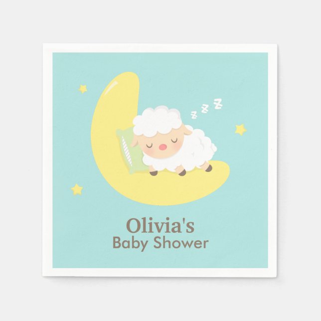 Serviettes Jetables Agneau Couché Sur Le Baby shower Lune (Devant)