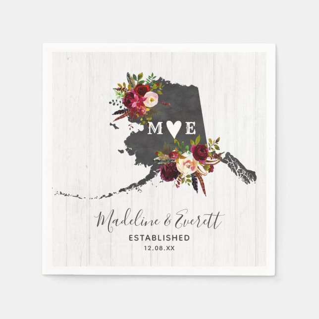 Serviettes Jetables Alaska State Destination Rustic Mariage Monogramme (Devant)