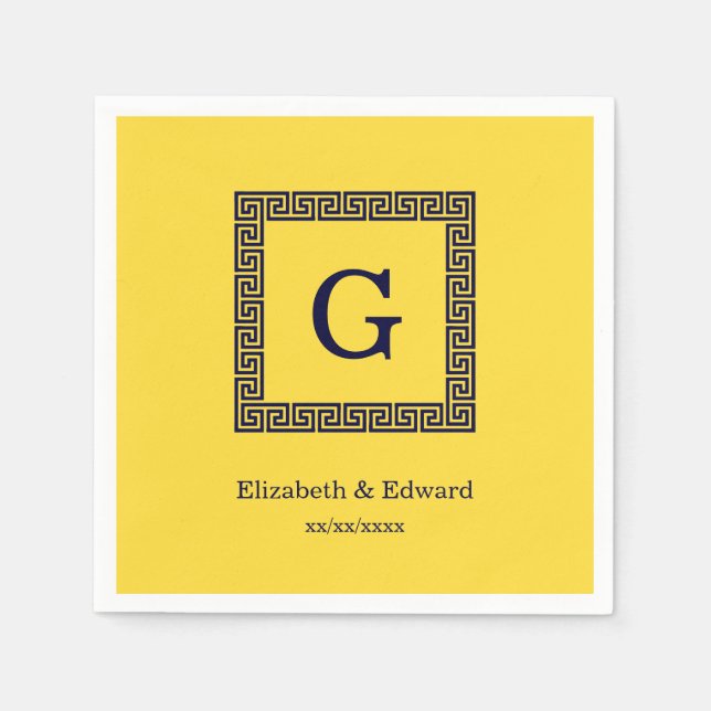 Serviettes Jetables Ananas, Clé grecque bleue marine #1 Monogramme enc (Devant)