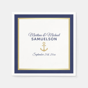 Serviettes Jetables Ancre d'or bleu marine Mariage nautique