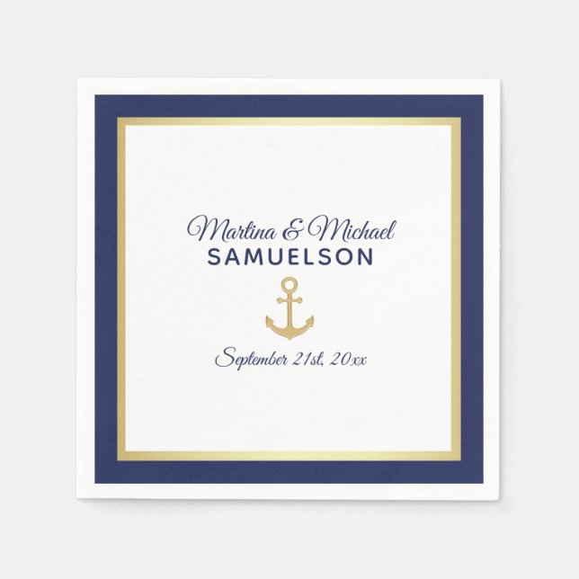 Serviettes Jetables Ancre d'or bleu marine Mariage nautique (Devant)