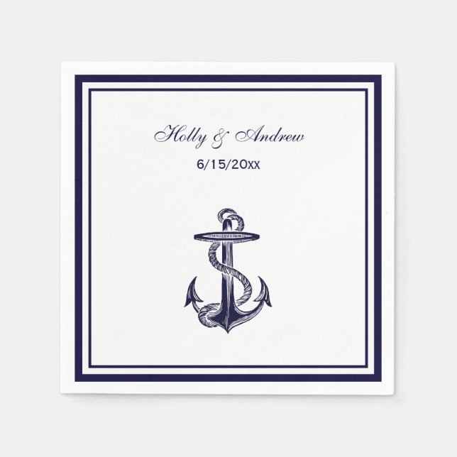 Serviettes Jetables Ancre nautique Marine Bleu encadré 2 serviettes (Devant)