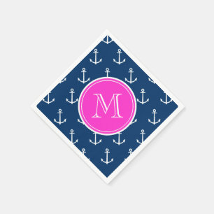 Serviettes Jetables Ancres Bleu Marine Motif, Monogramme Rose Chaud