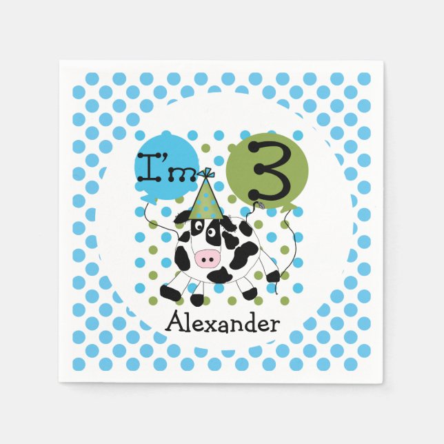 Serviettes Jetables Animaux de ferme Vache bleue 3e Anniversaire Papie (Devant)
