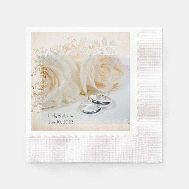 Serviettes Jetables Anneaux mariages et roses (Devant)