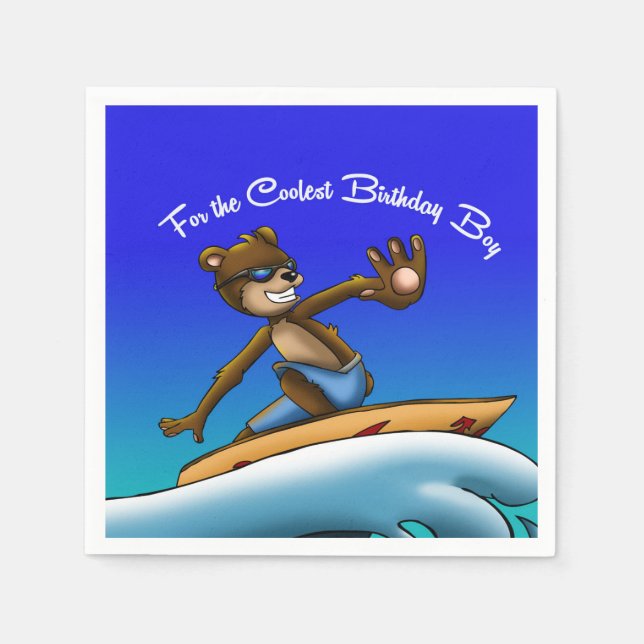 Serviettes Jetables Anniversaire du surfeur d'ours (Devant)