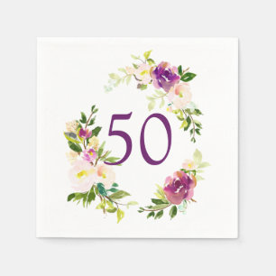 Serviettes Jetables Anniversaire floral d'aquarelle cinquantième