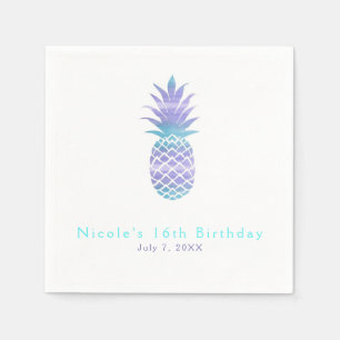 Serviettes Jetables Aqua Sarcelle & Violet Ananas Tropical Chic Soirée