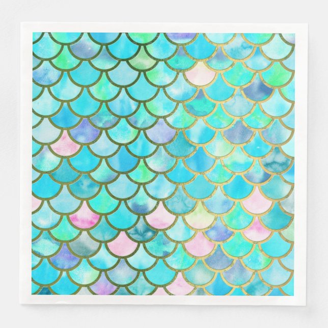 Serviettes Jetables Aqua Turquoise bleu aquarelle Mermaid Scales Motif (Devant)