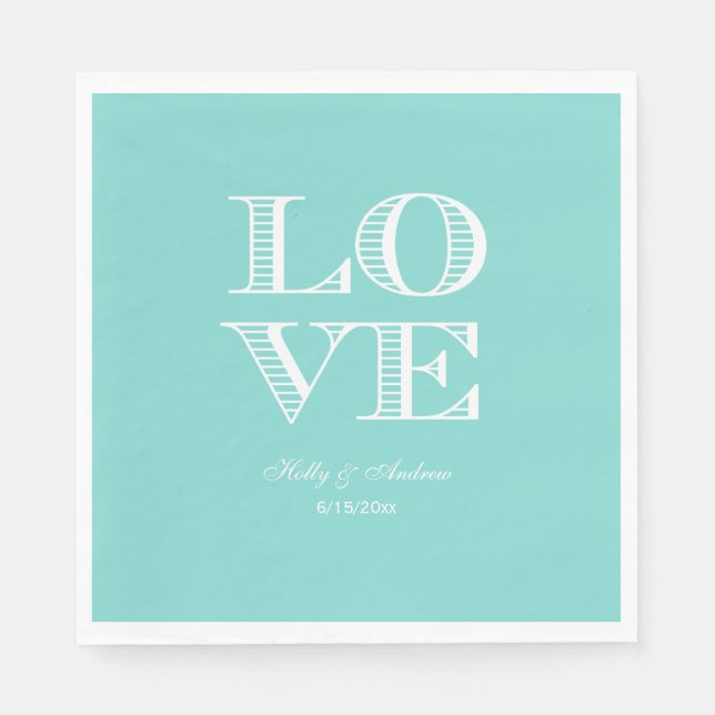 Serviettes Jetables Aqua Turquoise, serviettes AMOUR Blanches (Devant)
