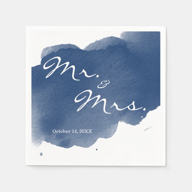 Serviettes Jetables Aquarelle bleu marine M. Mme Cocktail Party Napkin (Devant)