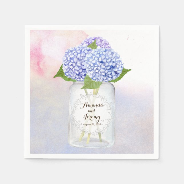 Serviettes Jetables Aquarelle Blue Hydrangeas Mason Jar Mariage (Devant)