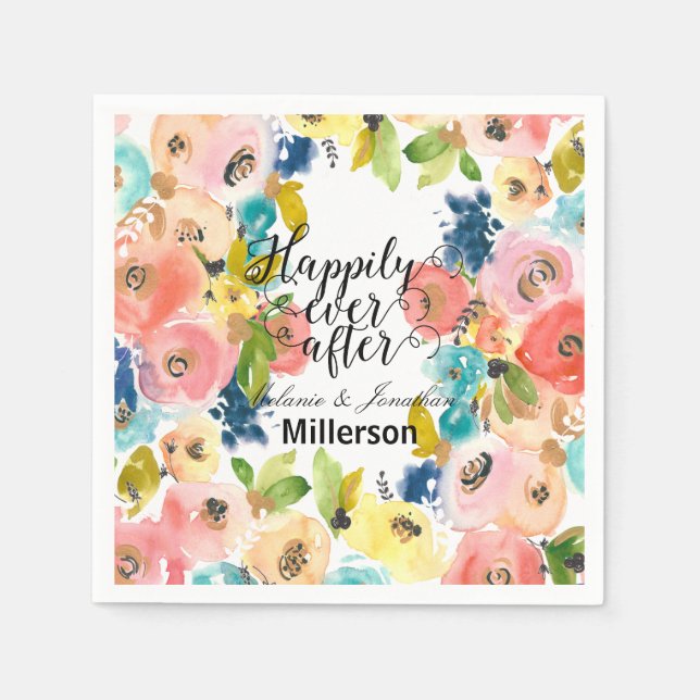 Serviettes Jetables Aquarelle douce Mariage floral (Devant)
