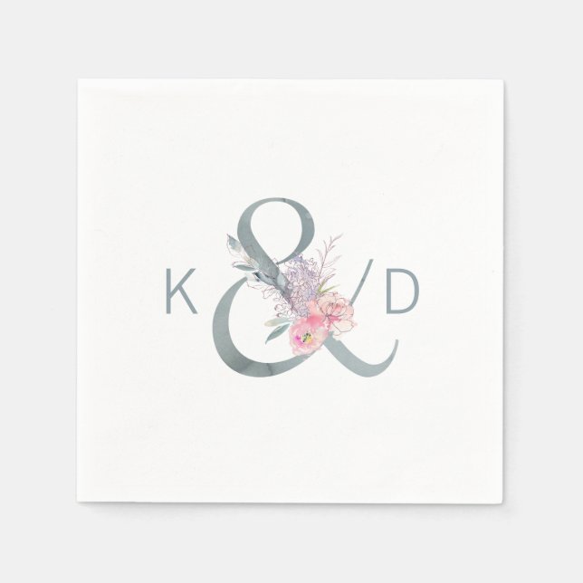 Serviettes Jetables Aquarelle Florale Ampersand et Mariage de monogram (Devant)