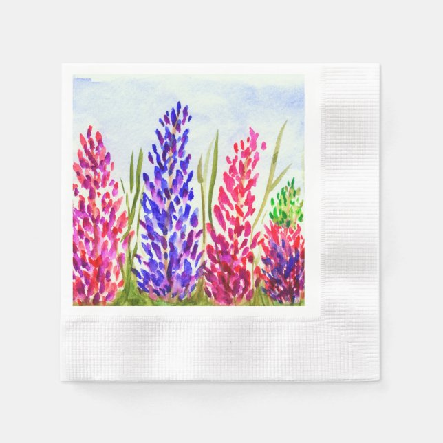 Serviettes Jetables Aquarelle Florale Art Lupine Fleur sauvage pourpre (Devant)