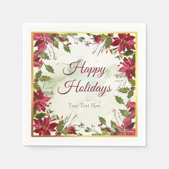 Serviettes Jetables Aquarelle Poinsettia rouge avec Faux Gold Trier (Devant)