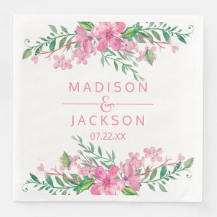 Serviettes Jetables Aquarelle rose Amour Blossoms Mariage Monogramme