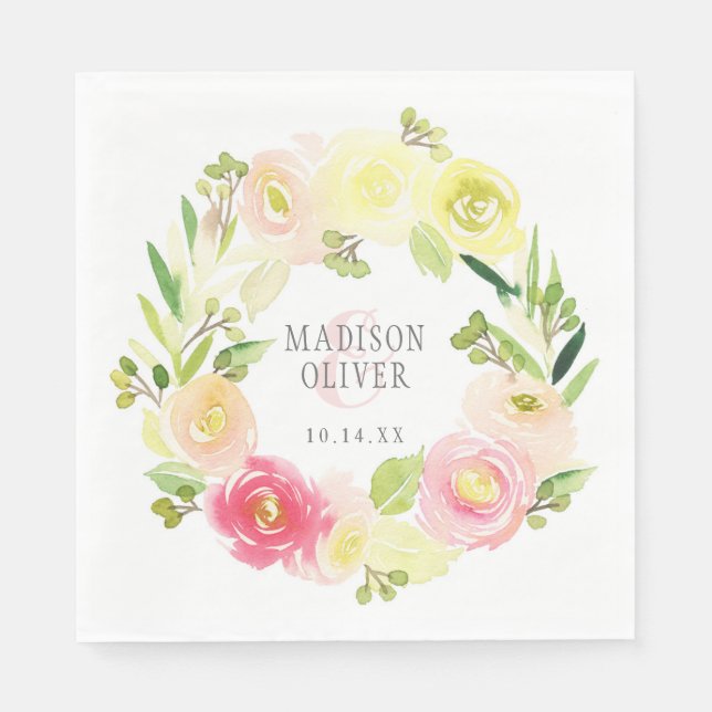 Serviettes Jetables Aquarelle rose et jaune couronne florale | MARIAGE (Devant)