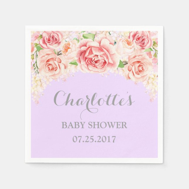 Serviettes Jetables Aquarelle rose Fleurs Baby shower violet (Devant)