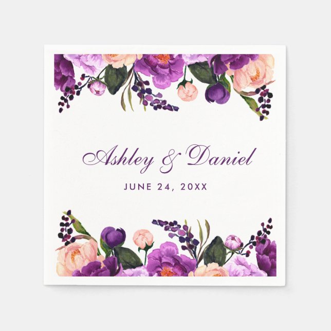 Serviettes Jetables Aquarelle violet Ultra violet Mariage floral P (Devant)