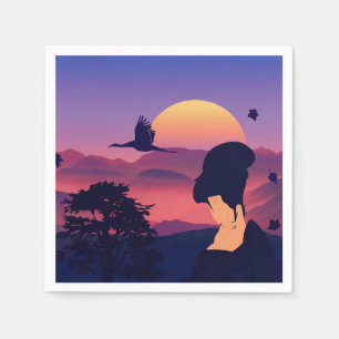 Serviettes Jetables Arbre japonais de geisha de thème et Soleil Levan