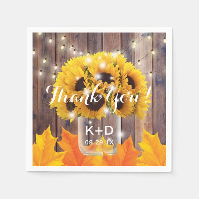 Serviettes Jetables Autumn Sunflower Jar String lumières Mariage rusti (Devant)