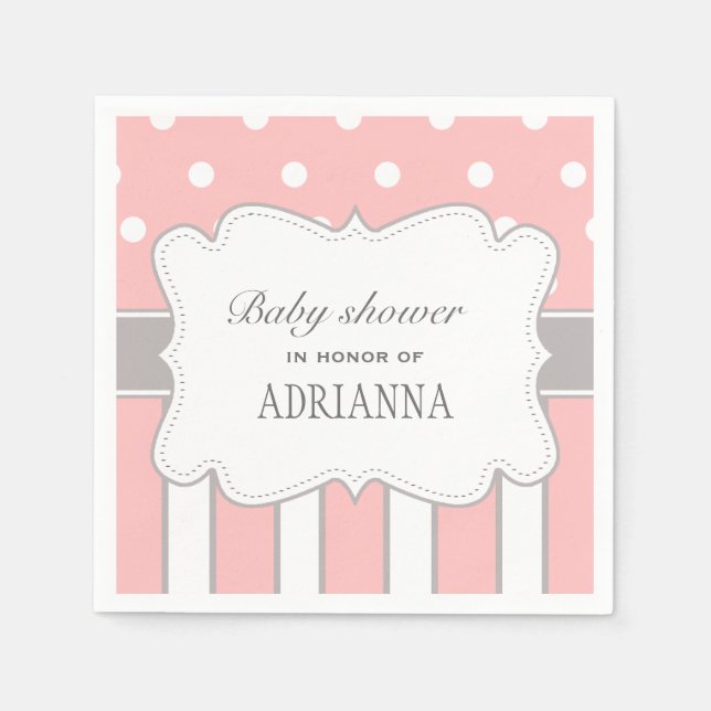 Serviettes Jetables Baby shower à rayures Pois rose chic (Devant)