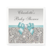 Baby shower Chic Faux Turquoise Bow Silver Sequins