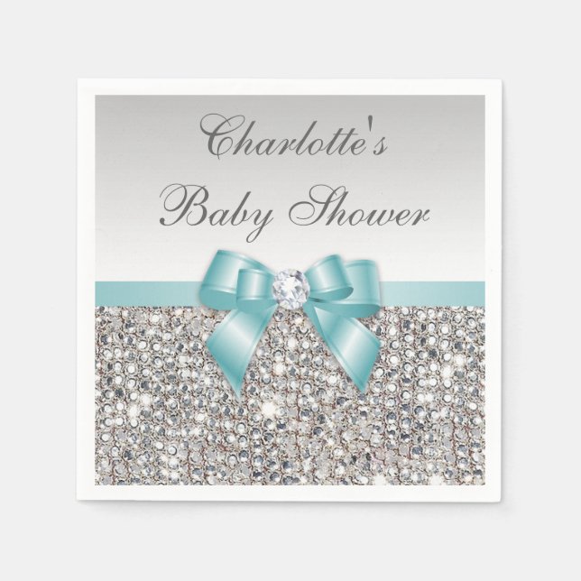 Serviettes Jetables Baby shower Chic Faux Turquoise Bow Silver Sequins (Devant)