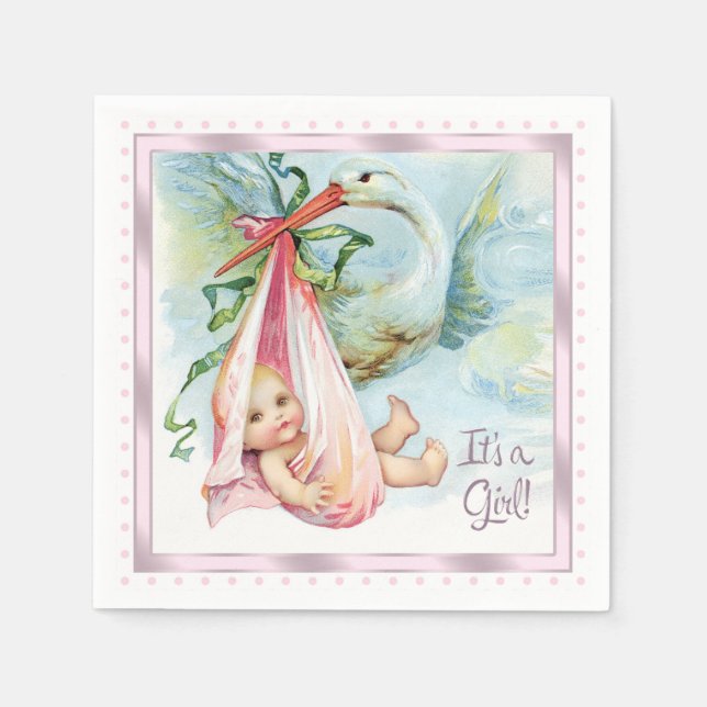 Serviettes Jetables Baby shower de cigogne rose (Devant)