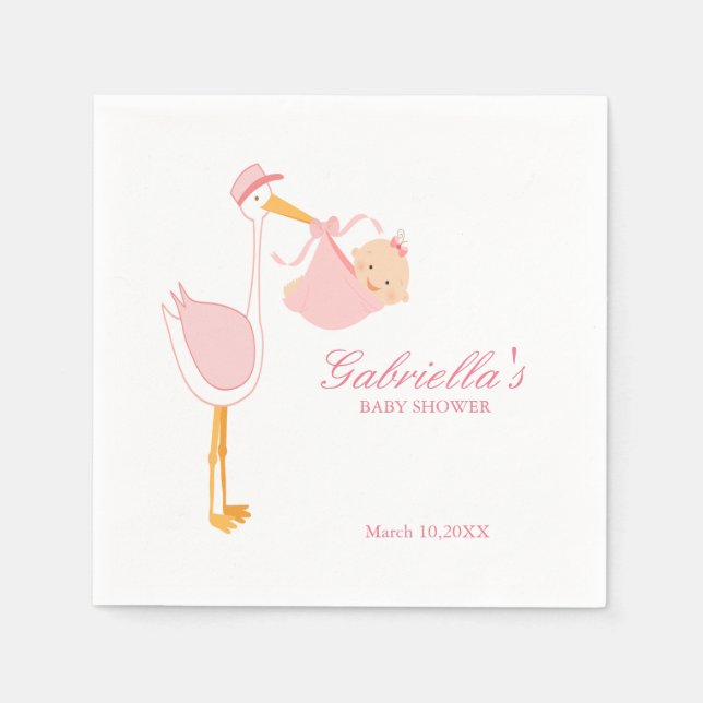 Serviettes Jetables Baby shower de cigogne rose Personnalisé Napkin (Devant)