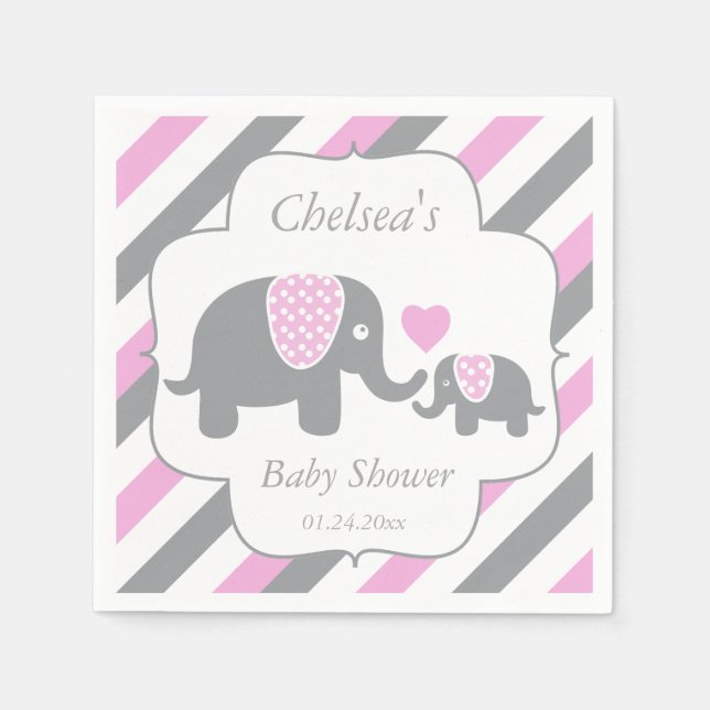 Serviettes Jetables Baby shower des éléphants blancs, roses et gris (Devant)