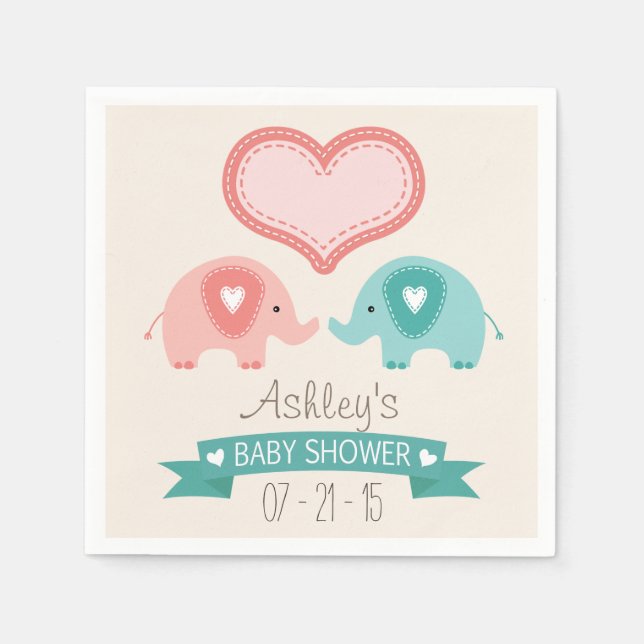 Serviettes Jetables Baby shower des éléphants roses et Turquoises jume (Devant)