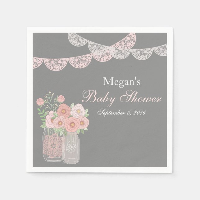 Serviettes Jetables Baby shower Mason doux Jar rose Gris rose (Devant)