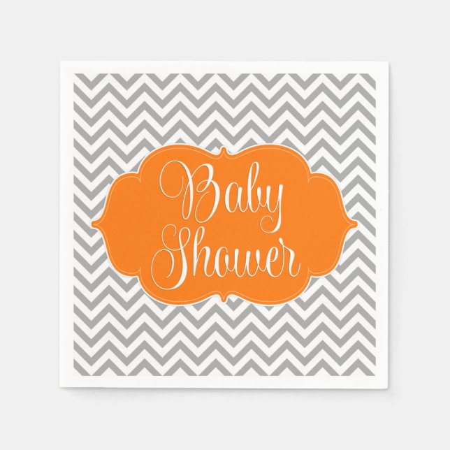 Serviettes Jetables Baby shower moderne Chevron Orange Grey (Devant)