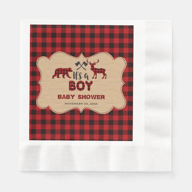 Serviettes Jetables Baby shower Petit Chasseur de bûcheron rouge de bû (Devant)