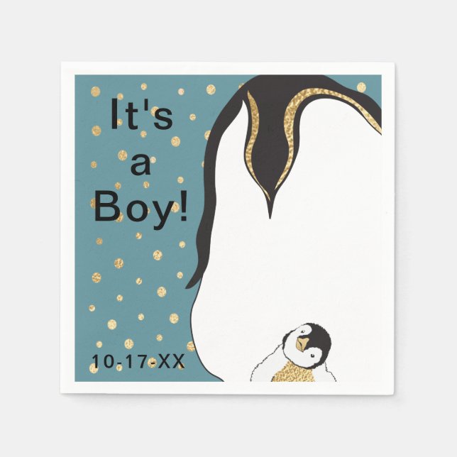 Serviettes Jetables Baby shower standard Napkin "Gold/Blue Penguin" (Devant)