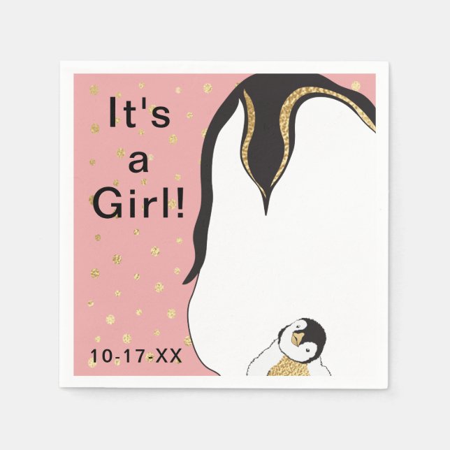 Serviettes Jetables Baby shower standard Napkin "Gold/Pingouin rose" (Devant)