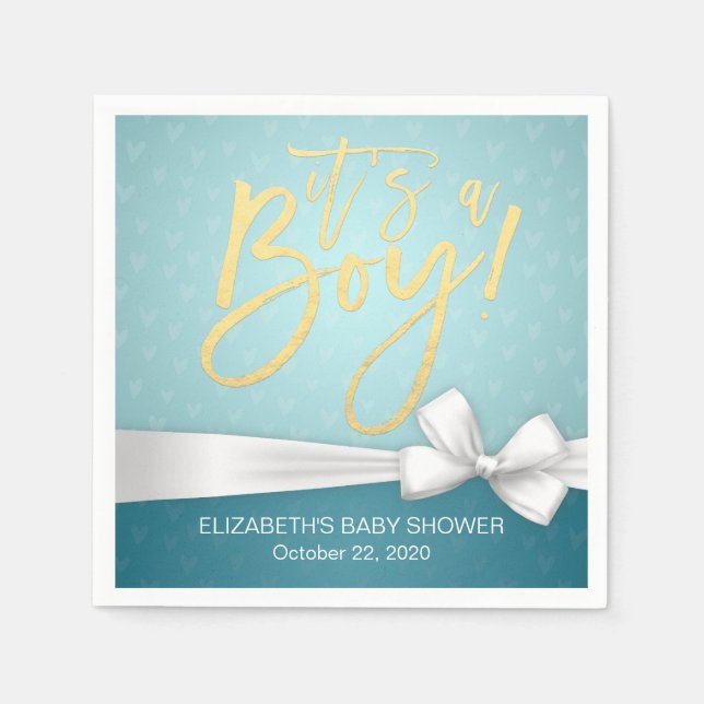 Serviettes Jetables Baby shower Turquoise au ruban blanc en or (Devant)