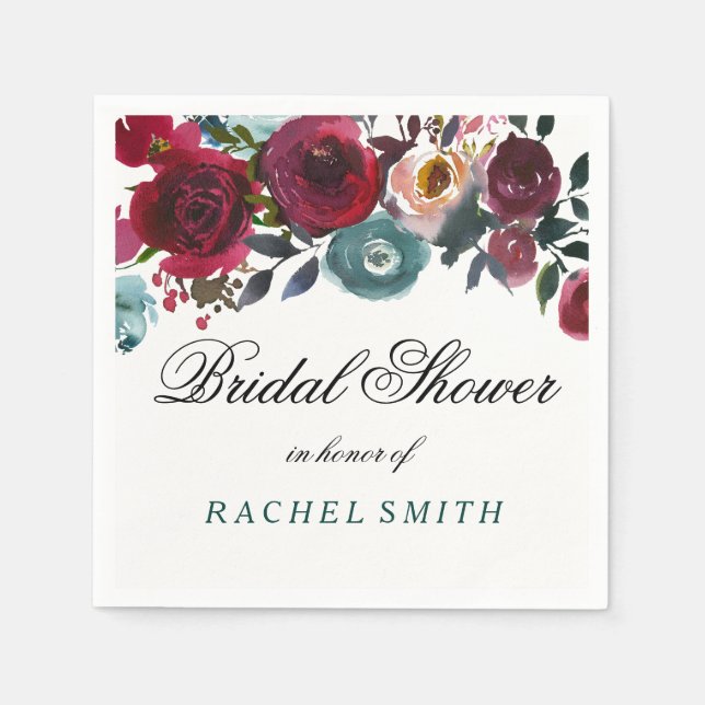 Serviettes Jetables Baigne Boho Bourgon Rouge Fleurs Mariage (Devant)