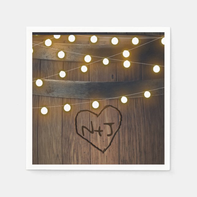 Serviettes Jetables Baril en bois Carved Heart Lights Mariage rustique (Devant)