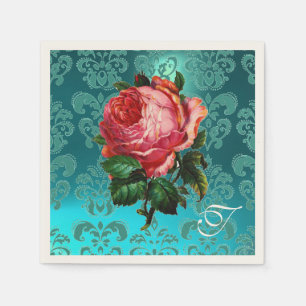 SERVIETTES JETABLES BEAU ROSE ROSE ROSE, TURQUOISE BLEU DAMASK MONOGRA