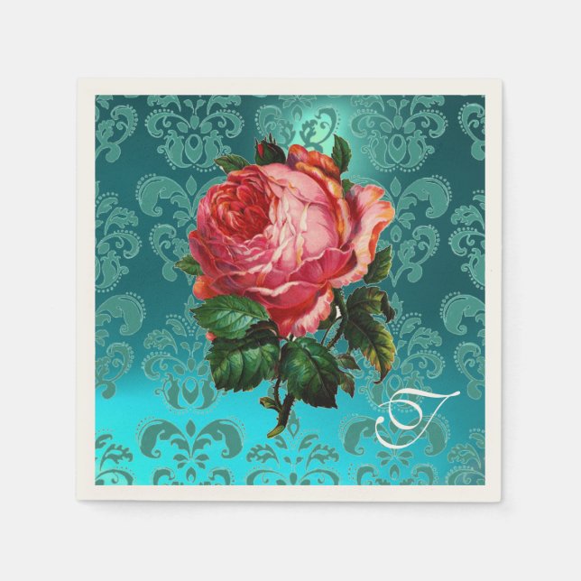 SERVIETTES JETABLES BEAU ROSE ROSE ROSE, TURQUOISE BLEU DAMASK MONOGRA (Devant)