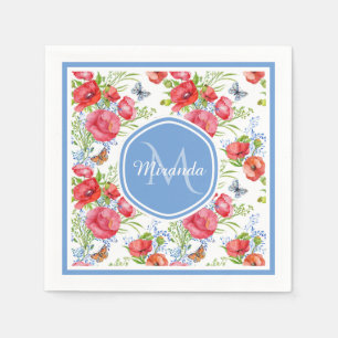 Serviettes Jetables Beaux pavots rouges avec les papillons bleus et le